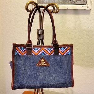Consuela Blue Denim Leather Embroidered Shoulder Handbag